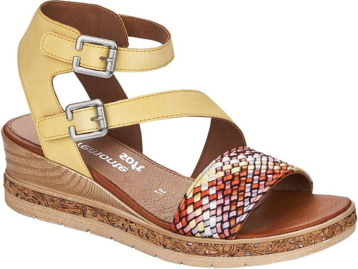 Remonte Sandals Yellow/ Woven Multi Front/ankle Strap Wedge Sandal