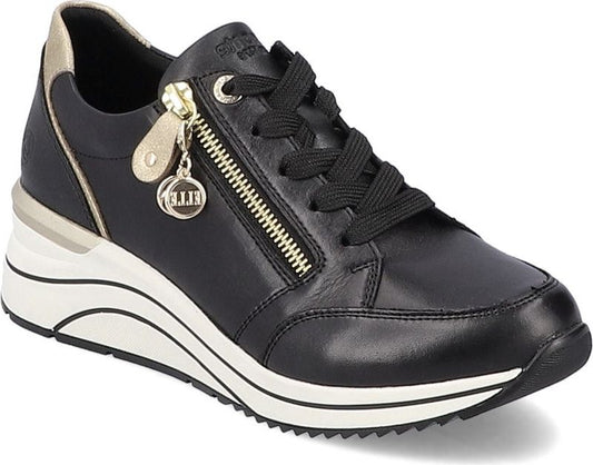 Black leather sneaker with a zipper closure and lace-up front.