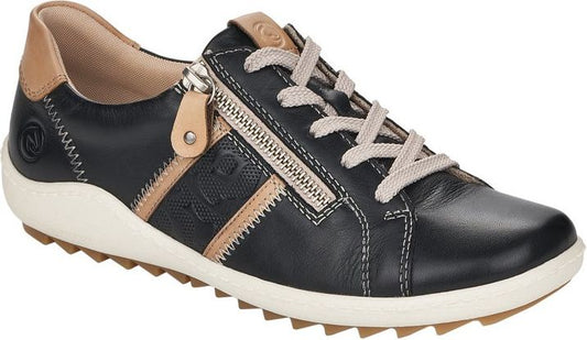 Black leather sneaker with a beige sole, laces, side zipper, and tan heel counter.