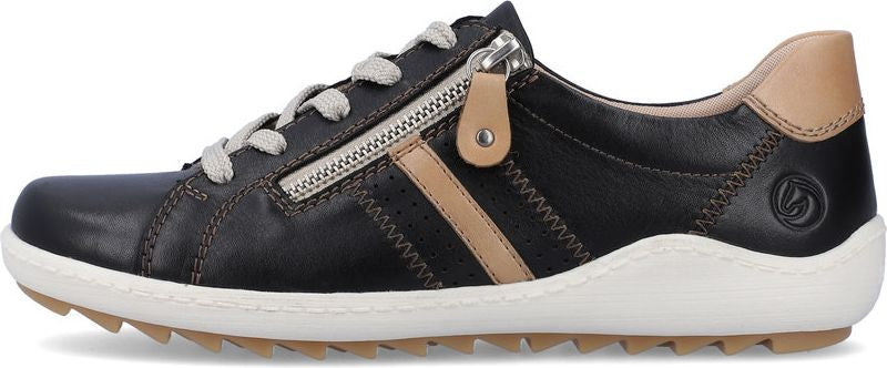 Black sneaker with laces and a side zipper.