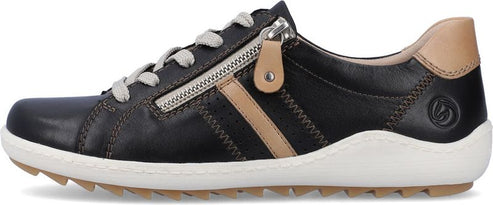 Black sneaker with laces and a side zipper.
