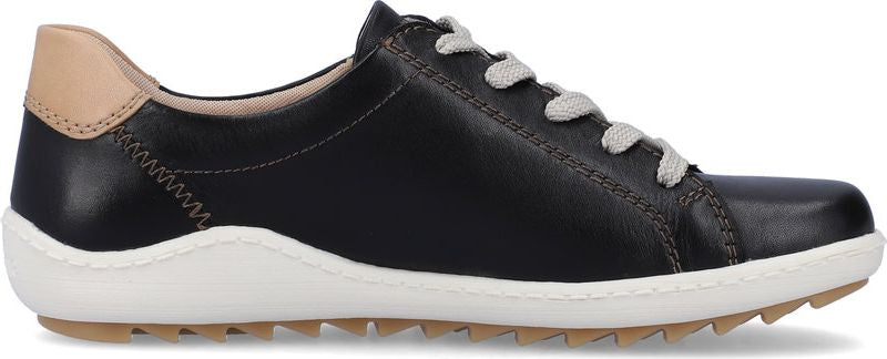A black leather sneaker with white laces and a beige heel.