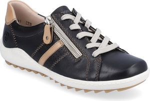Black leather sneaker with white laces, side zipper, and tan accents.