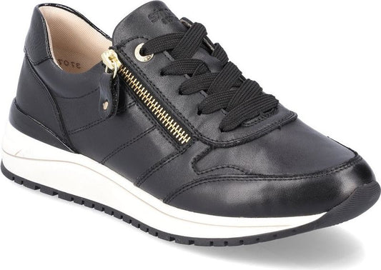 Black leather sneaker with gold zipper detail and white sole.
