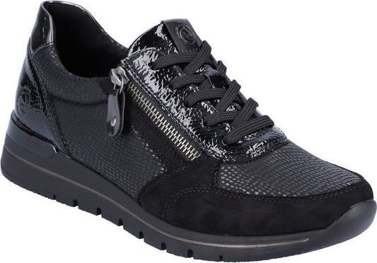 Black sneaker with zipper and shiny lace area