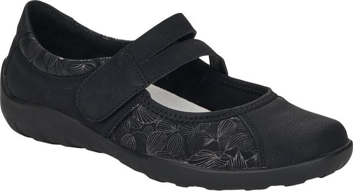 Black Mary Jane style shoe with a velcro strap.
