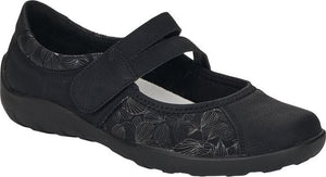 Black Mary Jane style shoe with a velcro strap.
