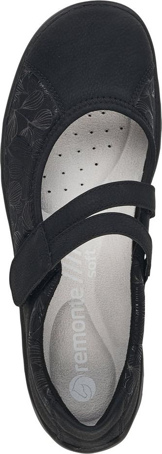 Black slip-on shoe with two straps.