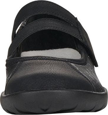 Front-view of a black Mary Jane style shoe with a hook and loop fastener strap.