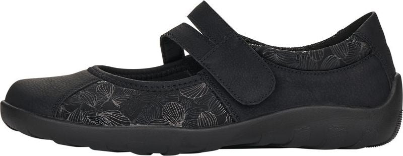 A black Mary Jane style shoe with a floral pattern.
