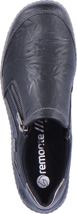 A dark blue leather slip-on shoe with a zipper.