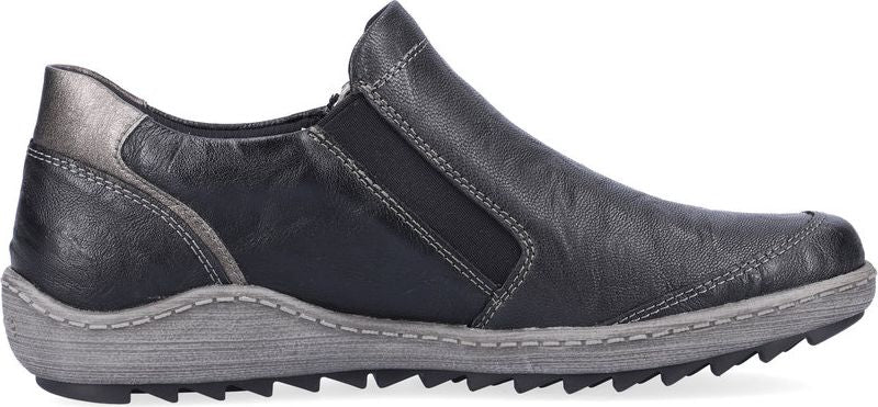 Slip-on shoe in dark gray textured leather with silver-tone heel.