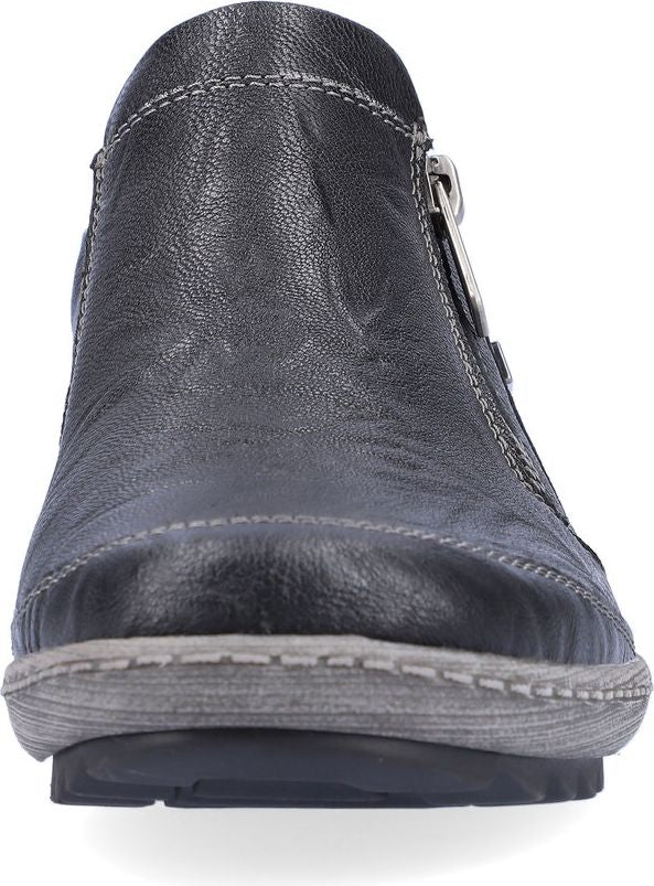 Black ankle boot with side zipper and textured sole.