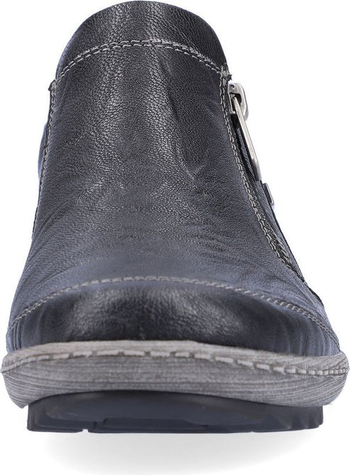 Black ankle boot with side zipper and textured sole.