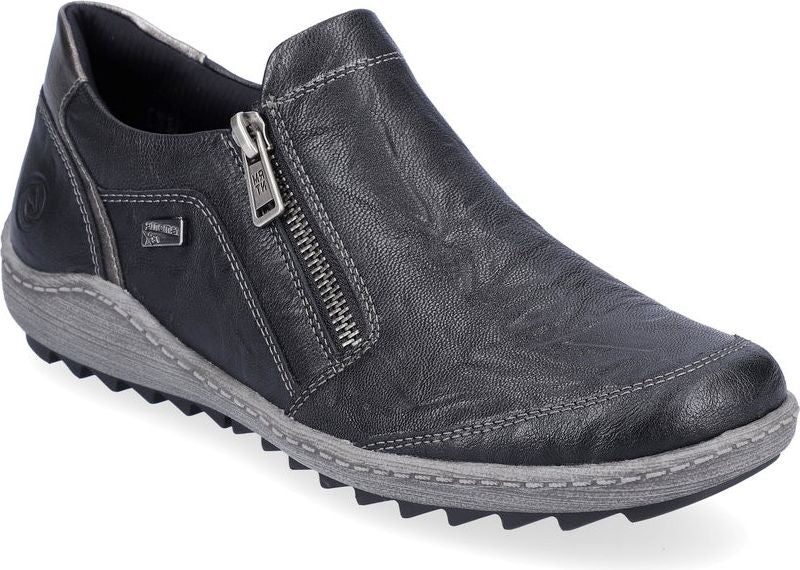 Black leather slip-on shoe with side zipper and grey sole.