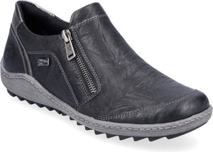 Black leather slip-on shoe with side zipper and grey sole.