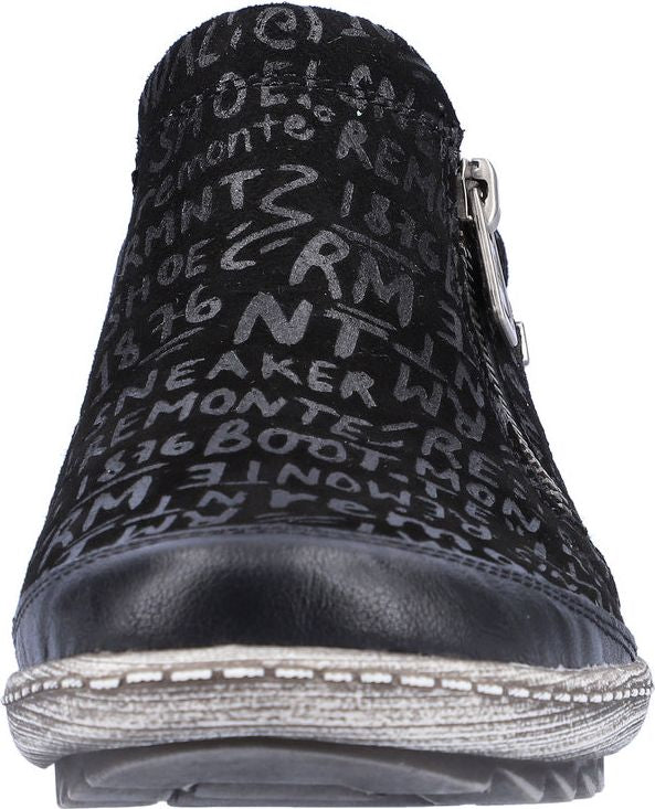 Black ankle boot with silver graffiti print and side zipper.