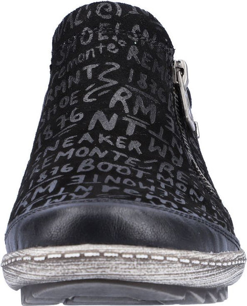 Black ankle boot with silver graffiti print and side zipper.