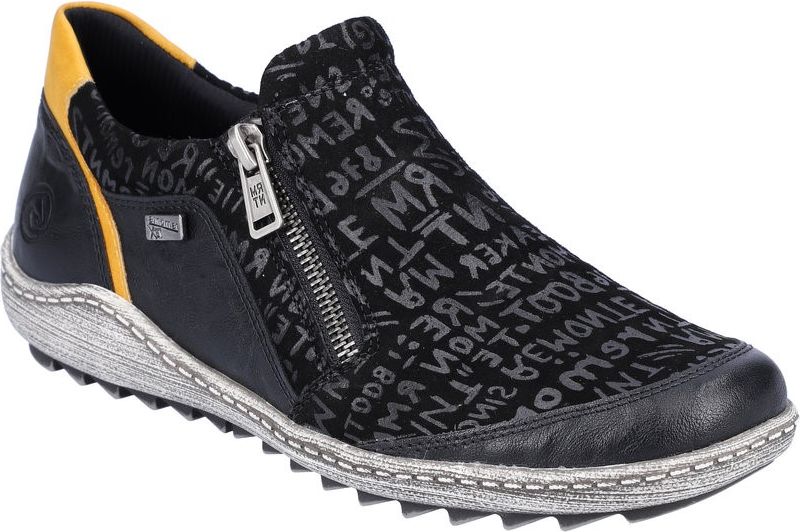 Black slip-on shoe with side zipper, yellow heel detail, and word design.