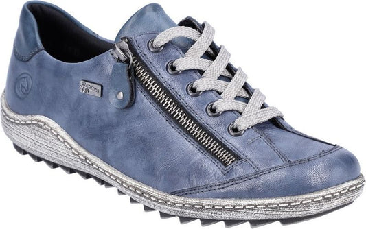 Low-top blue shoe with zipper and shoelaces