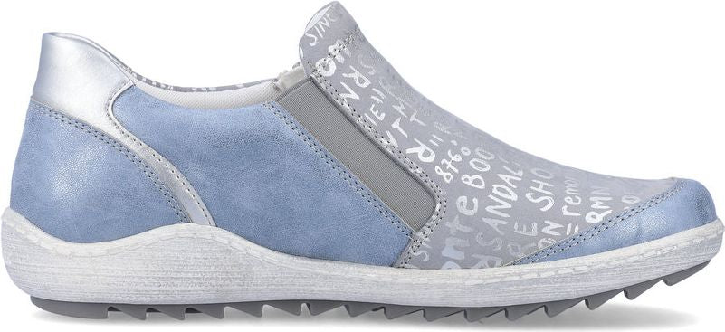 A blue and gray slip-on shoe with white text print.