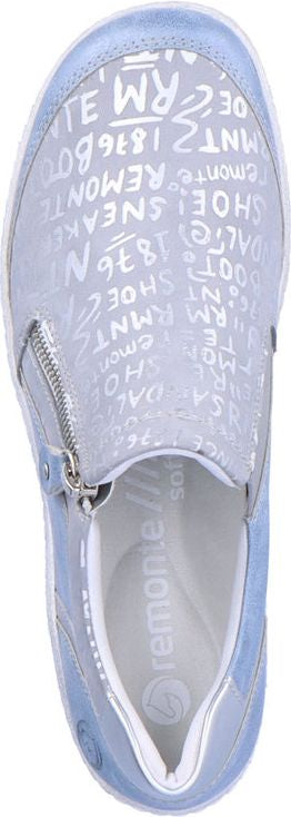 Slip-on sneaker in pale blue with zippered detail and imprinted text design on the vamp and footbed.
