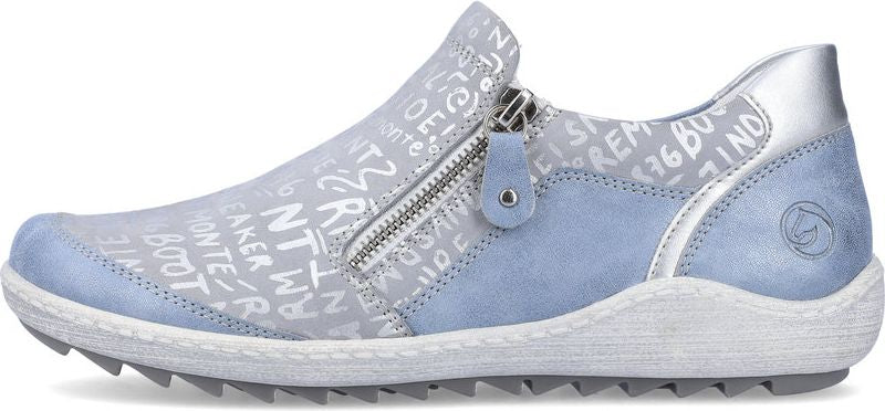 A blue and grey slip-on shoe with white lettering.