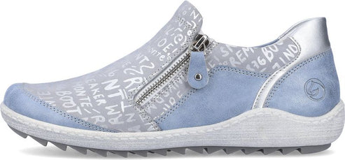 A blue and grey slip-on shoe with white lettering.