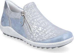 Light blue slip-on shoe with silver side zipper and printed text.