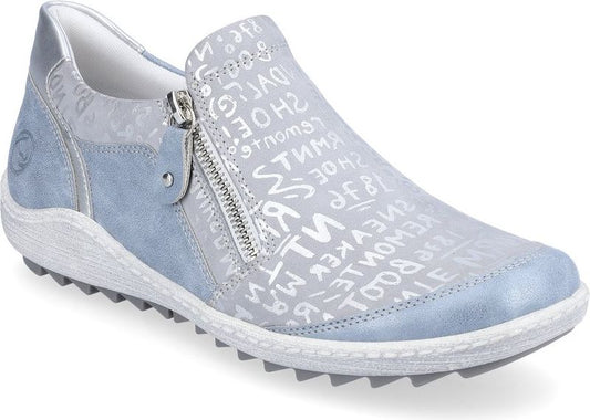 Light blue slip-on shoe with silver side zipper and printed text.