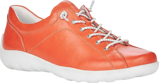 Low-top bright orange leather sneaker with white laces and a white sole.