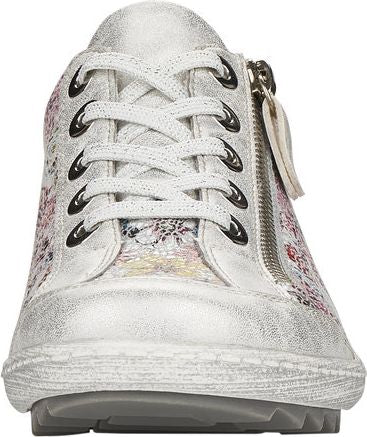 Low-top silver sneaker with floral print, laces, and side zipper.