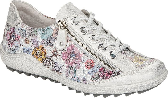 Floral print low-rise sneaker with silver accents, laces and a side zipper.
