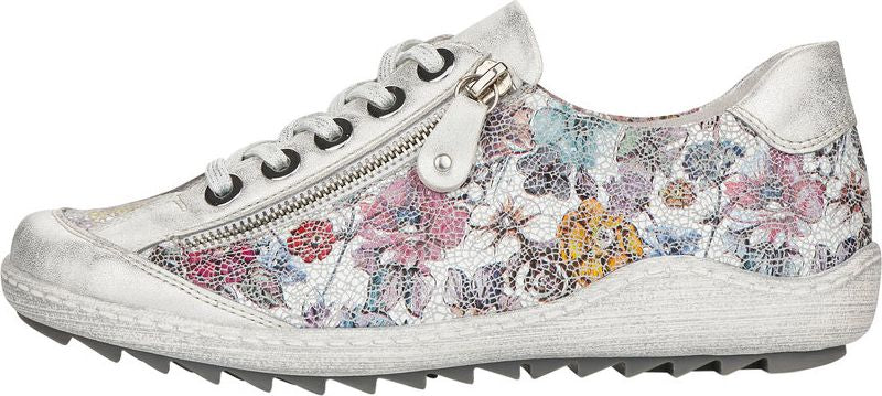 Floral print sneaker with a side zipper.