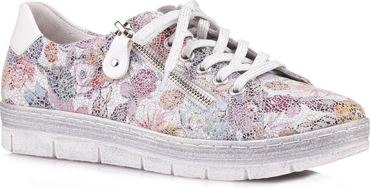 Low-top sneaker with floral pattern, white laces and zipper closure.