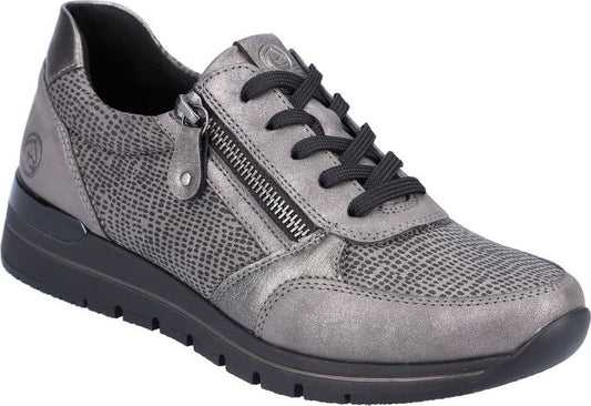 Silver sneaker with black laces and side zipper.