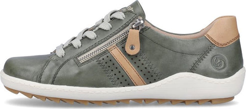 A low olive green sneaker with a white sole and grey laces has a side zipper detail.