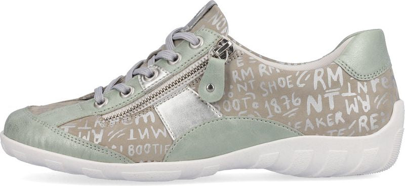A low profile sneaker with zip closure and word art design.