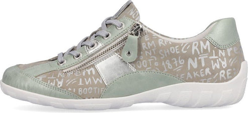 A low profile sneaker with zip closure and word art design.