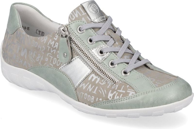 Low-top gray sneaker with gray laces, side zipper, and silver accents.