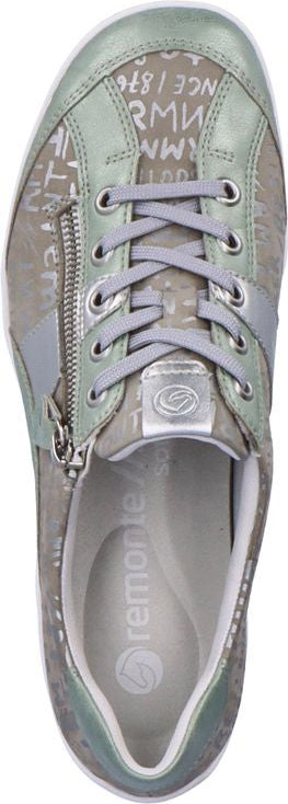 A women's sneaker with laces and a zipper.