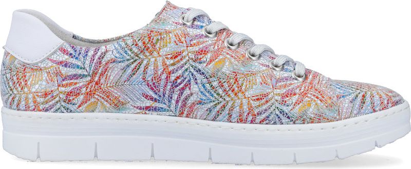 A colorful floral-patterned sneaker with white laces and a white sole.