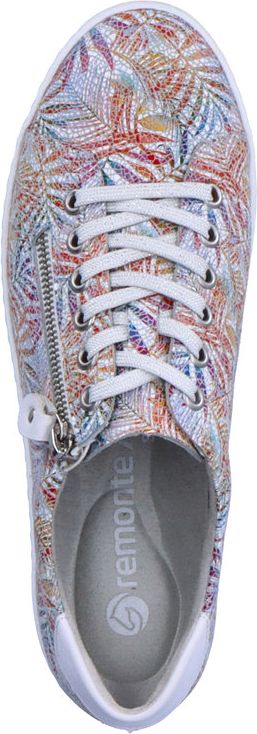 Overhead view of a sneaker with a multi-color patterned upper, white laces, and a side zipper.