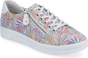 Floral patterned white leather sneaker with laces and side zipper.