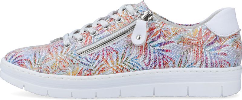 Floral patterned sneaker with a zipper.