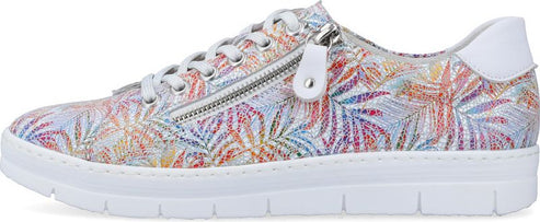 Floral patterned sneaker with a zipper.