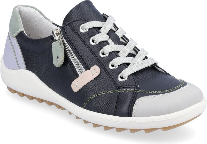Navy blue leather lace-up sneaker with a side zipper, white laces and sole, and light gray accents on the toe and heel.