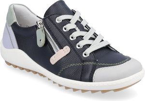 Navy blue leather lace-up sneaker with a side zipper, white laces and sole, and light gray accents on the toe and heel.