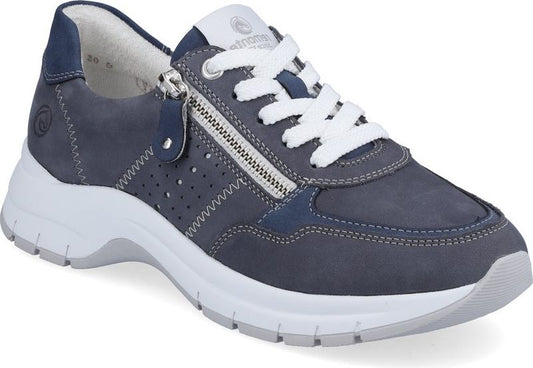 Blue walking shoe with white laces and a white sole, featuring a prominent side zipper.