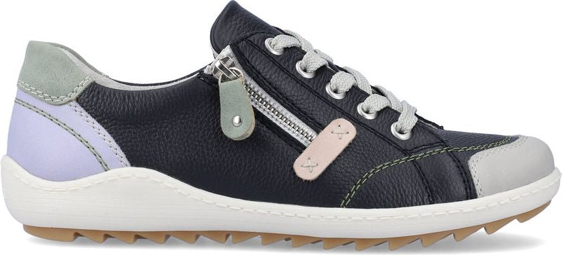 A navy blue leather casual sneaker with a zipper detail, lace-up closure, and contrast color accents.